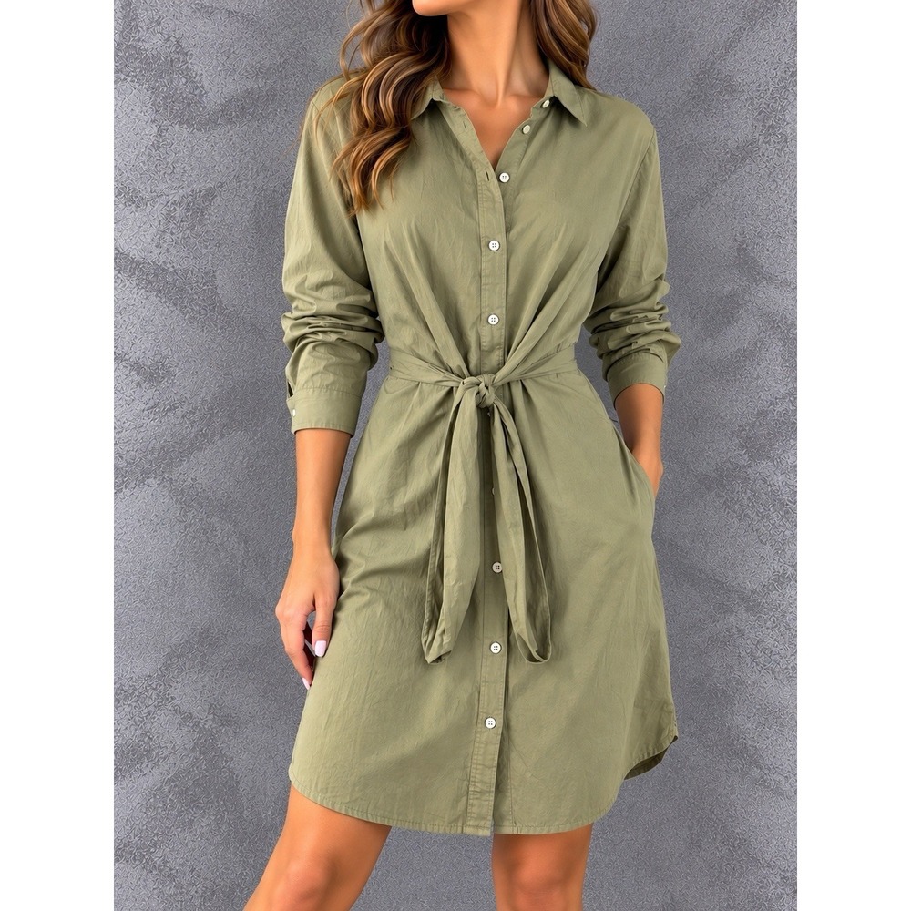 Unsubscribed Shirt Dress Womens Small Green Belted Button Front Quiet Luxury
